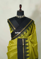 Greenish Yellow - Sico Gadwal checks with Rudraksham and Temple Border - Perfect for Wedding Functions