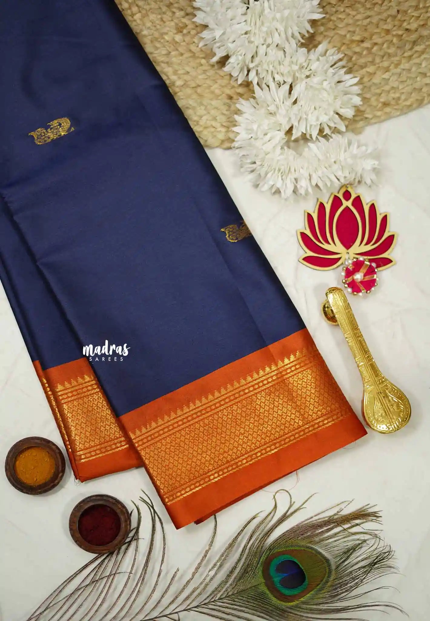 Sico Gadwal Navy blue with orange border - Madras Sarees