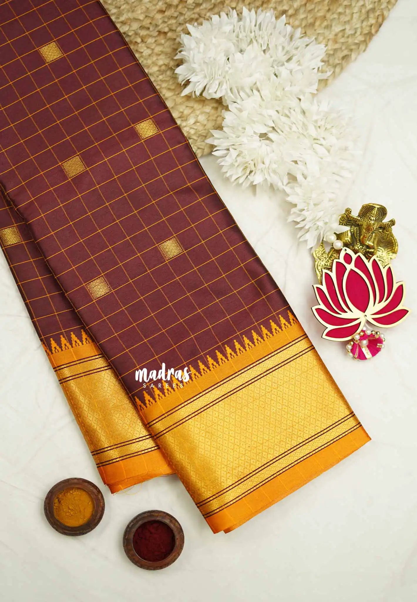 Sico Gadwal checks Brown with orange border - Madras Sarees