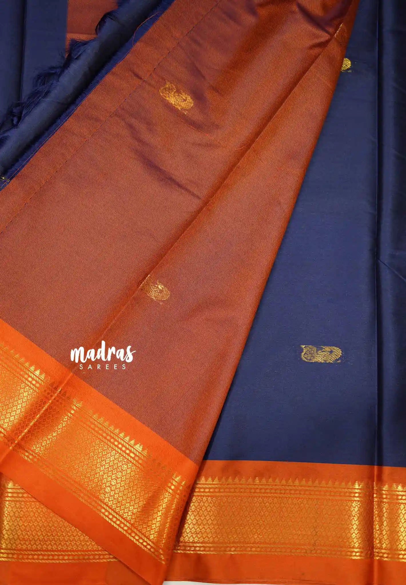 Sico Gadwal Navy blue with orange border - Madras Sarees