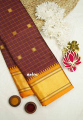 Sico Gadwal checks Brown with orange border - Madras Sarees