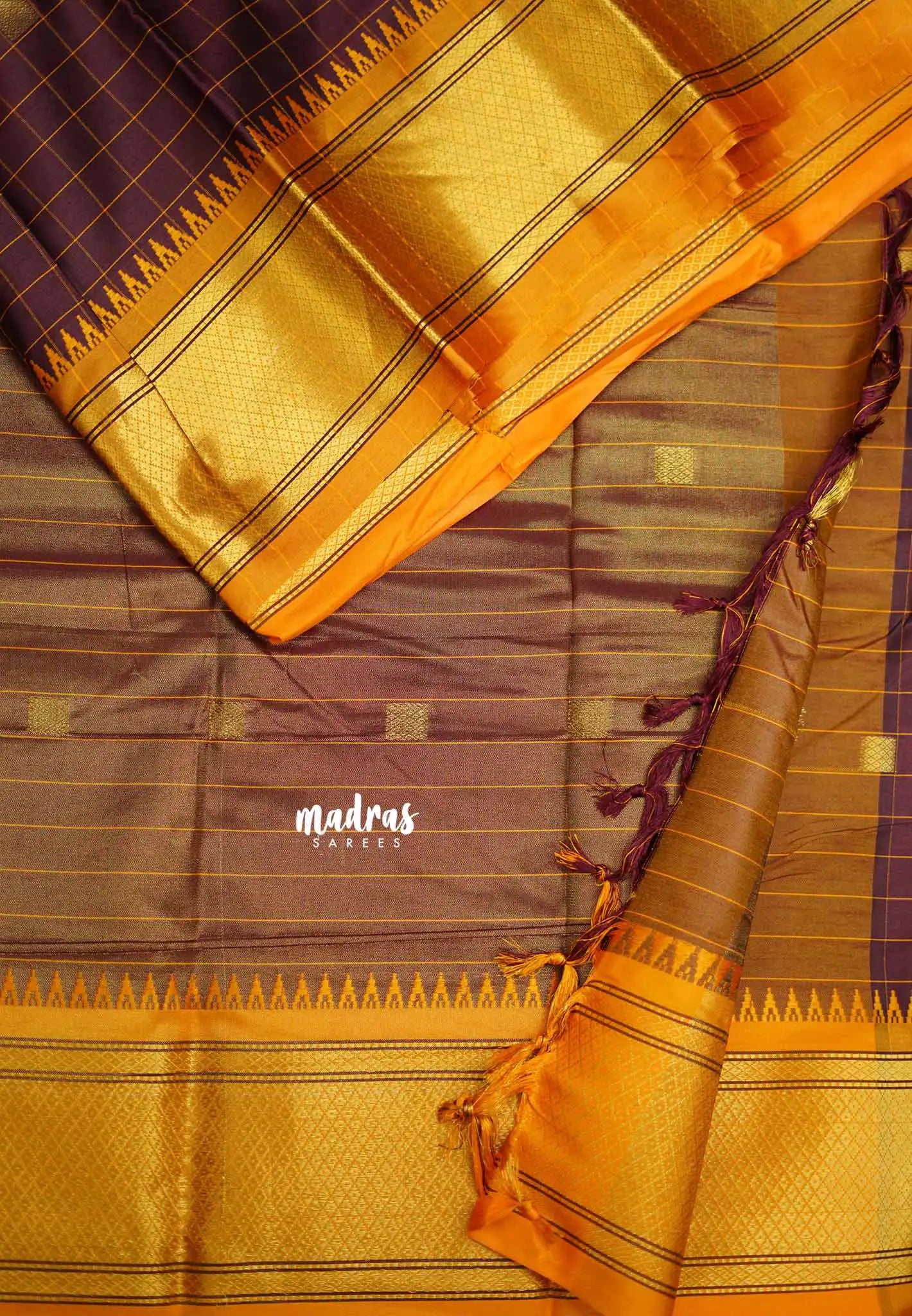 Sico Gadwal checks Brown with orange border - Madras Sarees