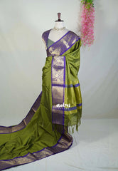 Fresh Olive Green - Sico Gadwal Semi Silk Zari Muthukattam with Floral Border - Best for Small Functions