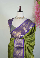Fresh Olive Green - Sico Gadwal Semi Silk Zari Muthukattam with Floral Border - Best for Small Functions