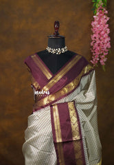 Dove Grey - Sico Gadwal Semi Silk Checks with Traditonal Rudraksham Border - Best for Wedding Functions