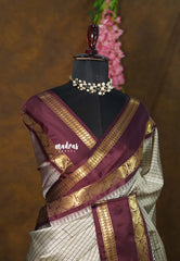 Dove Grey - Sico Gadwal Semi Silk Checks with Traditonal Rudraksham Border - Best for Wedding Functions