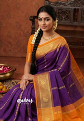 Royal Purple - Mookuthi Amman Silk Cotton Rudraksham and Mango zari lines Buttas and Mango Border - Best for Wedding Functions