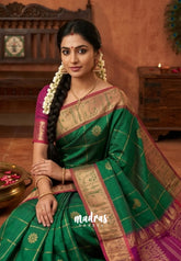 Classic Green - Mookuthi Amman Silk Cotton kattam with Annam and malar buttas - Best for Wedding Functions