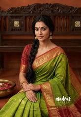 Sap Green - Mookuthi Amman Silk Cotton kattam with Annam and malar buttas - Best for Wedding Functions