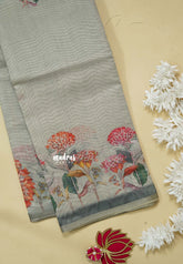 Grey - Silk Linen Floral Prints with Tiny Border