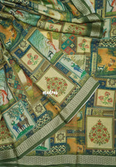 Multicolor with Sage Green - Silky Georgette with Art Prints with Zari Border - Perfect for Office Wear
