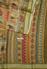 Multicolor with Mustard Olive - Silky Georgette with Art Prints with Zari Border - Perfect for Office Wear