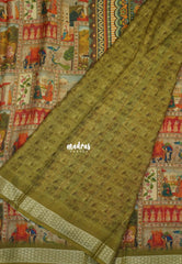 Multicolor with Mustard Olive - Silky Georgette with Art Prints with Zari Border - Perfect for Office Wear