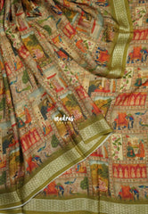 Multicolor with Mustard Olive - Silky Georgette with Art Prints with Zari Border - Perfect for Office Wear
