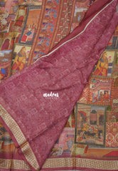 Multicolor with Rosewood Pink - Silky Georgette with Art Prints with Zari Border - Perfect for Office Wear