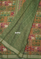 Multicolor with Dark Olive - Silky Georgette with Art Prints with Zari Border - Perfect for Office Wear