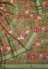 Multicolor with Dark Olive - Silky Georgette with Art Prints with Zari Border - Perfect for Office Wear