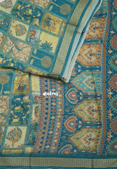 Multicolor with Teal Blue - Silky Georgette with Art Prints with Zari Border - Perfect for Office Wear