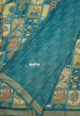 Multicolor with Teal Blue - Silky Georgette with Art Prints with Zari Border - Perfect for Office Wear