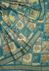 Multicolor with Teal Blue - Silky Georgette with Art Prints with Zari Border - Perfect for Office Wear