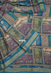 Multicolor with Peacock Blue - Silky Georgette with Art Prints with Zari Border - Perfect for Office Wear