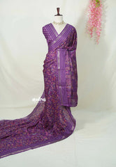 Lavender Purple - Silky Georgette with Jamdani Prints and Kantha Stitch Border - Best for Regular Wear | Casual Wear