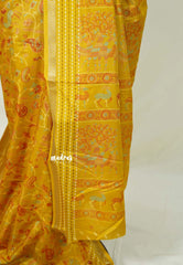 Mustard Yellow - Silky Georgette with Jamdani Prints and Kantha Stitch Border - Best for Regular Wear | Casual Wear