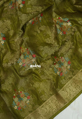 Fresh Olive Green - Soft and Silky Georgette with Zari Emboss Weaving with Border - Best for Office Wear
