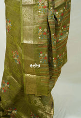 Fresh Olive Green - Soft and Silky Georgette with Zari Emboss Weaving with Border - Best for Office Wear