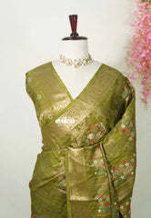 Fresh Olive Green - Soft and Silky Georgette with Zari Emboss Weaving with Border - Best for Office Wear
