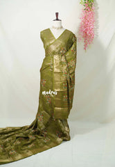 Fresh Olive Green - Soft and Silky Georgette with Zari Emboss Weaving with Border - Best for Office Wear