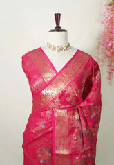 Raspberry Pink - Soft and Silky Georgette with Zari Emboss Weaving with Border - Best for Office Wear