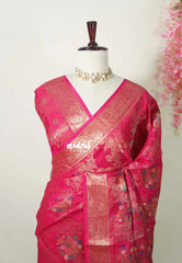 Raspberry Pink - Soft and Silky Georgette with Zari Emboss Weaving with Border - Best for Office Wear