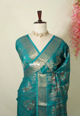 Teal Green - Soft and Silky Georgette with Zari Emboss Weaving with Border - Best for Office Wear