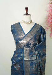 Berlin Blue - Soft and Silky Georgette with Zari Emboss Weaving with Border - Best for Office Wear