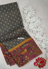 Muted Grey - Soft and Breezy Silky Georgette with Zari Kattam Body Kalamkari Border- Best for Office Wear