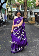 Violet Purple - sindhu bhairavi - Madras Margazhi Special Handpainted Bamboo Cotton Saree with music notes