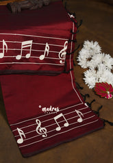 Deep Maroon - sindhu bhairavi - Madras Margazhi Special Handpainted Bamboo Cotton Saree with music notes