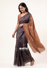 (PRE-BOOKING) Muted Dark Chocolate Brown - Sithara - Tussar Saree Thread Line Weaving Body with Contrast Pallu and Blouse - Best for Office Wear