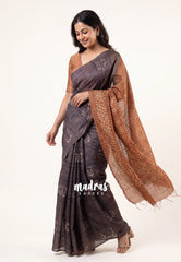 (PRE-BOOKING) Muted Dark Chocolate Brown - Sithara - Tussar Saree Thread Line Weaving Body with Contrast Pallu and Blouse - Best for Office Wear