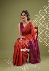 Brick Red - Sithara - Semi Tussar Saree with Jute Weaving Contrast Pallu and Blouse - Best for Small Functions | Casual Wear