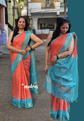 Sithara - Semi Tussar saree Blue with peach gradient pattern with checks body