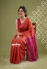 Brick Red - Sithara - Semi Tussar Saree with Jute Weaving Contrast Pallu and Blouse - Best for Small Functions | Casual Wear