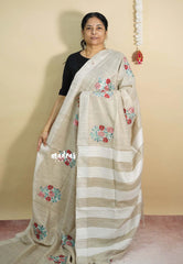 Sithara - Semi Tussar saree with rose full embroidery - Jute beige