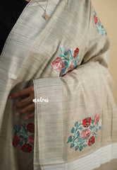 Sithara - Semi Tussar saree with rose full embroidery - Jute beige