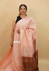 Powder Pink and Brown - Sithara - Semi Tussar saree Golden zari Checks in body with Contrast Pallu and blouse