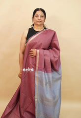 Rosewood with Bluish Grey - Sithara - Semi Tussar saree Golden zari Checks in body with Contrast Pallu and blouse