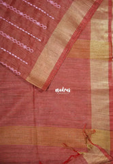 Muted Earthy Red - Semi Tussar saree with gicha texture body with embroidery body - Best for Small Functions