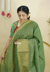 Sage Green - Sithara - Semi Tussar saree grooves with buttas and Multi Border