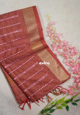 Muted Earthy Red - Semi Tussar saree with gicha texture body with embroidery body - Best for Small Functions